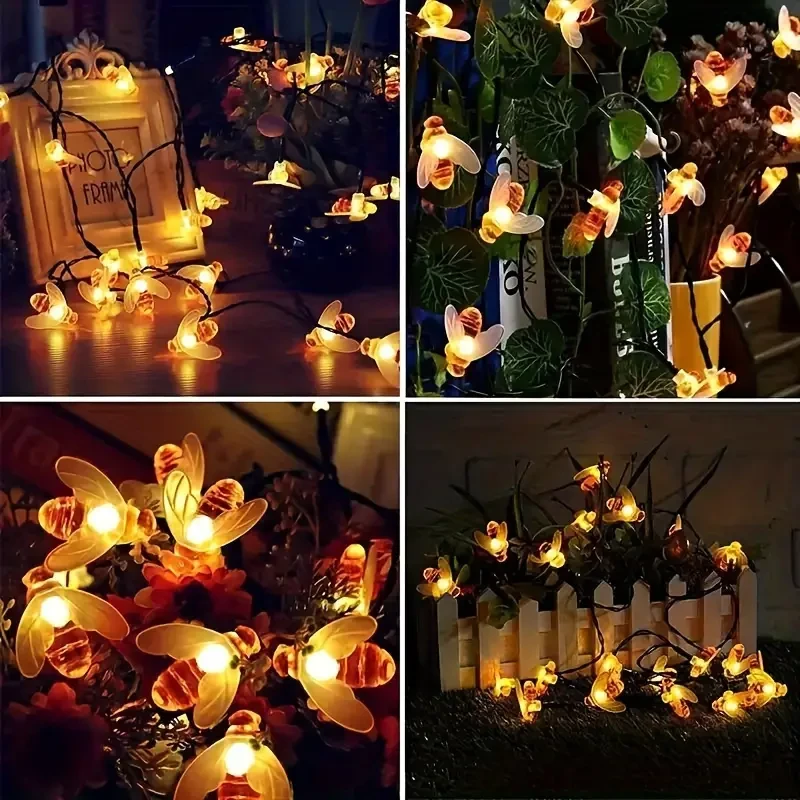 1pc Solar Cute Honey Bee String Light, Led String Fairy Light, Warm Light-6.4 meter, 30 LED, 8 Mode, Bee Fence Patio Christmas Garland Lights