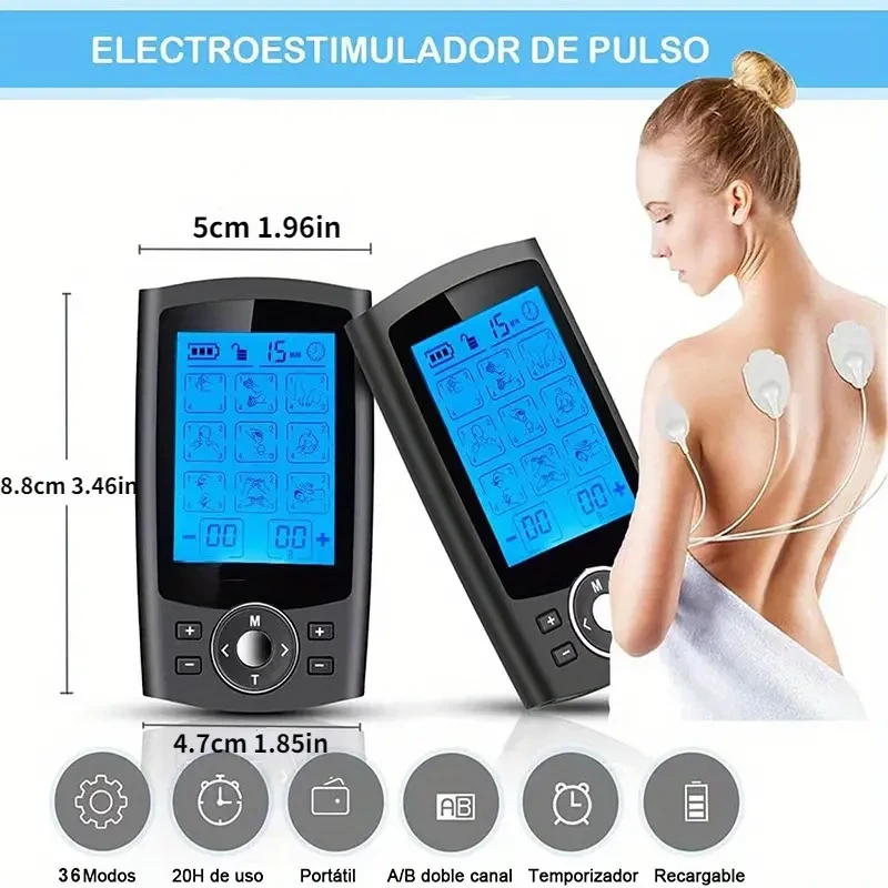 Portable TENS Muscle Stimulator with 36 Modes - USB Rechargeable, Dual Channel EMS Relax & Slimming Device for Pain Relief, Includes 10 Electrode Pads & Storage Bag