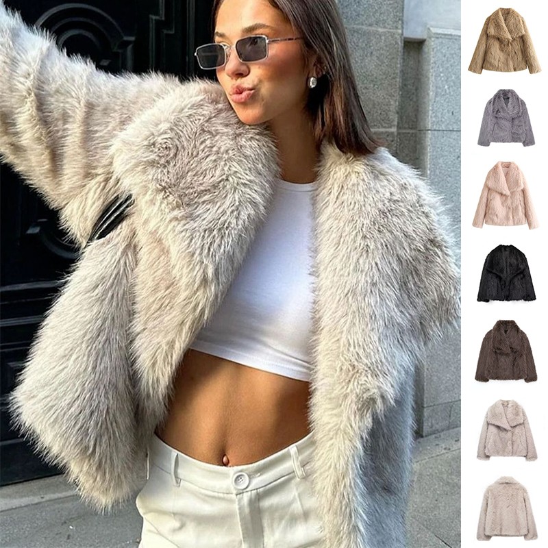 Winter Plush Thicken Lapel Coat - Womens Casual Long Sleeve Outerwear