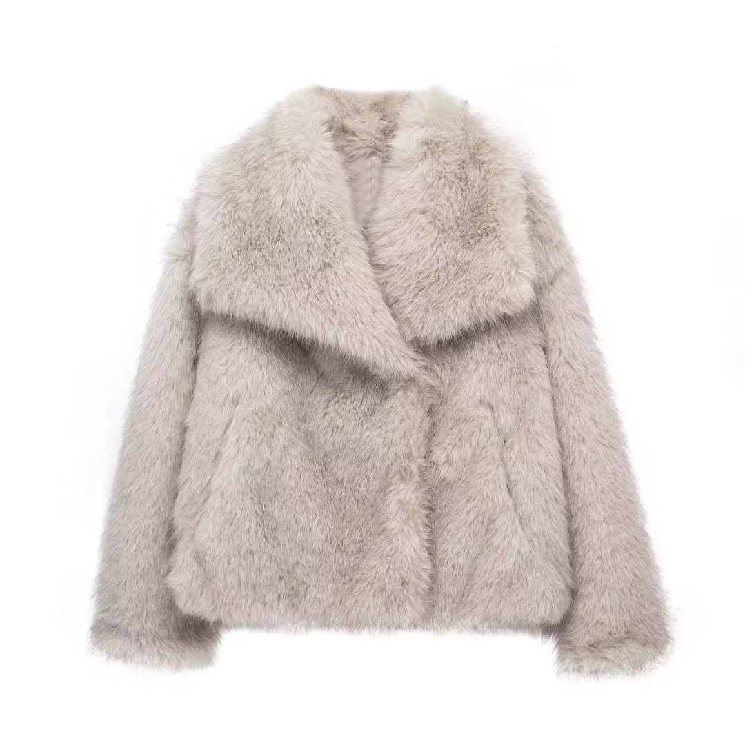 Winter Plush Thicken Lapel Coat - Womens Casual Long Sleeve Outerwear