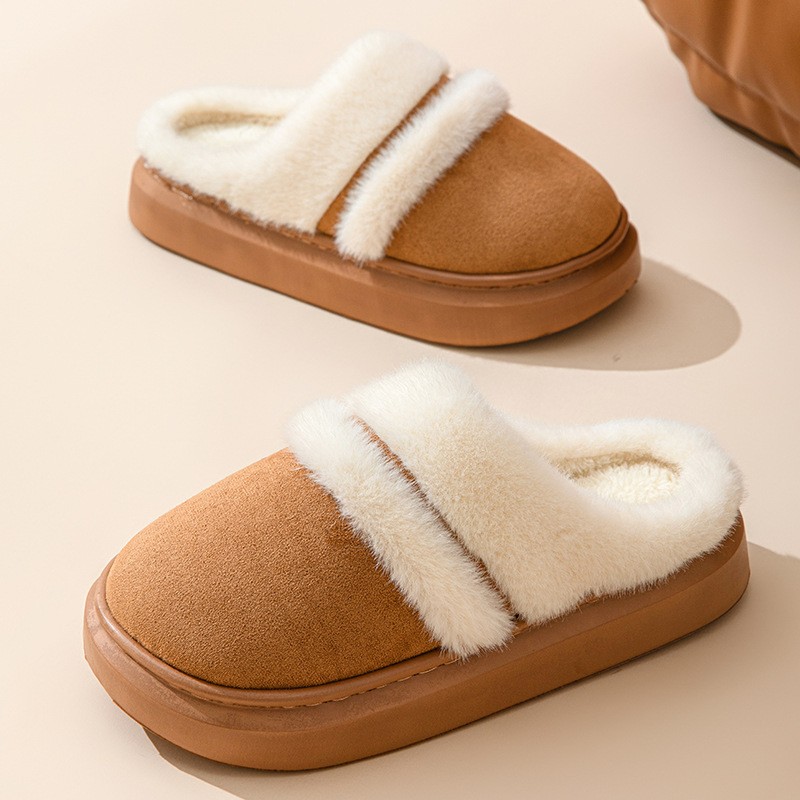 Womens Warm Cotton Slippers  Thick Bottom, Non-slip Plus-Velvet Suede House Shoes