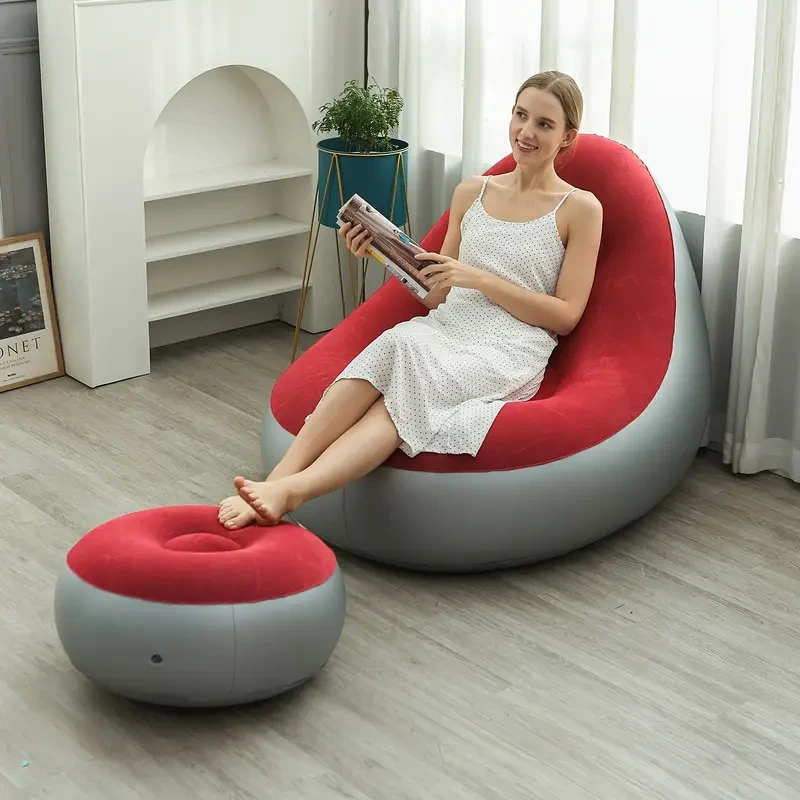 Portable Inflatable Lounger Sofa - Waterproof, Foldable Outdoor Chair with Footrest & Comfort Velvet Seat for Camping, Hiking, Home Sunbathing