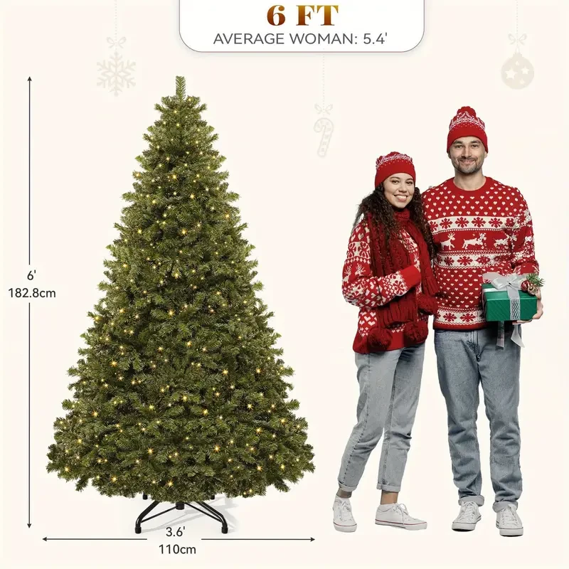 6ft Pre- Lit Spruce Christmas Tree, Artificial Xmas Tree with 880 Branch Tips and 250 Lights for Home, Office, and Party Decor (Green)