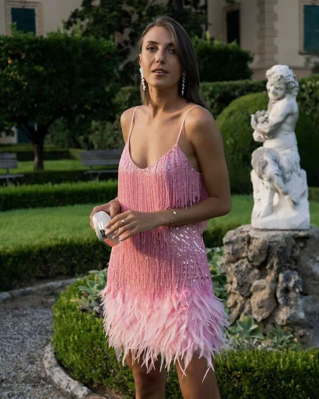 Twirl into Elegance - Fringed Sequin Dress with Feather Stitching