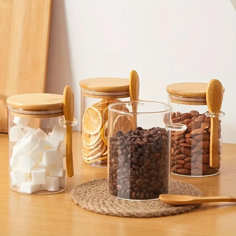 Set Of 4 Glass Jars With Bamboo Lids And Attached Spoons, 500ml Airtight Containers For Pantry Organization