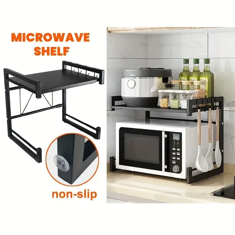 Microwave Oven Rack Kitchen Storage Shelf, Expandable Microwave Stand, Kitchen Utensils Tableware Storage Rack, Carbon Steel Storage Shelf With 6 Hooks