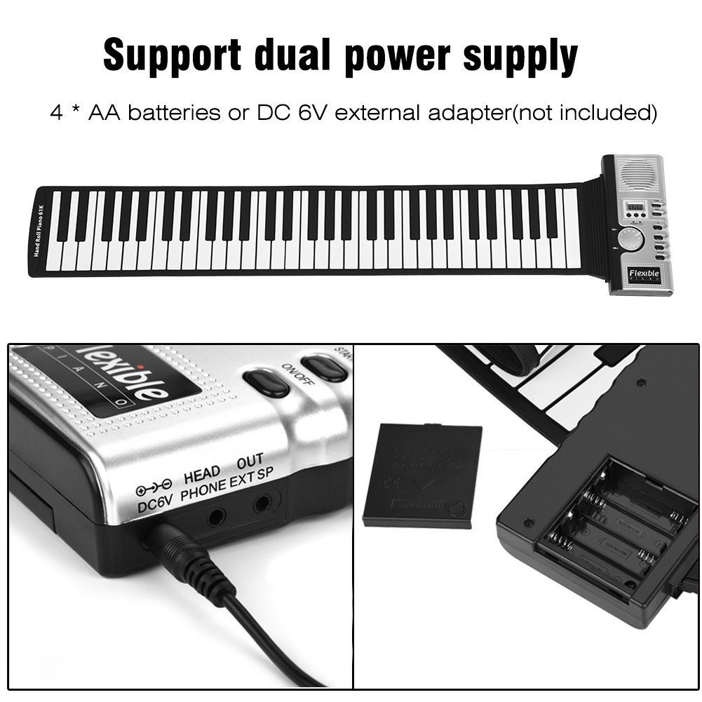 Portable 61-Key Roll Up Piano  Flexible ABS Plastic & Silicone Rubber Electronic Soft Keyboard