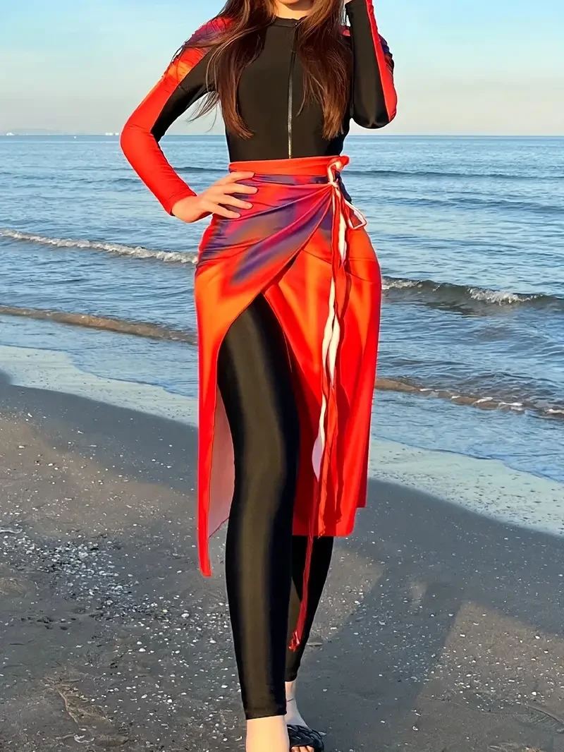 Women's 3-Piece Swimwear Set with Long Sleeve Flame-Print One-Piece, Side-Tie Cover-Up & Zippered Neckline  Chic Beach Ensemble
