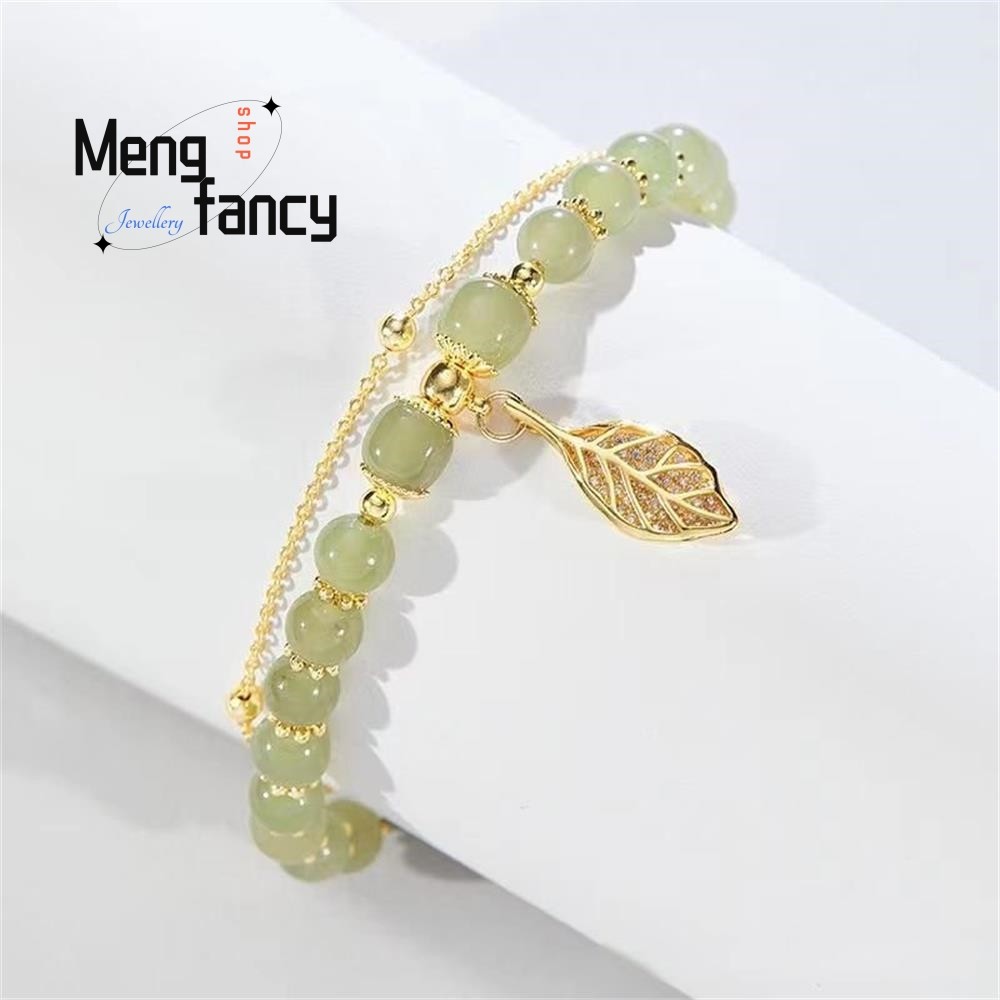 Natural Hetian Jasper Bracelet  Golden Branch & Jade Leaves Charm