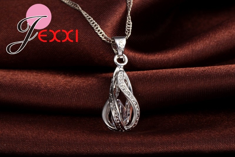 Water Drop CZ Sterling Silver Jewelry Set  Pendant Necklace & Hoop Earrings for Women