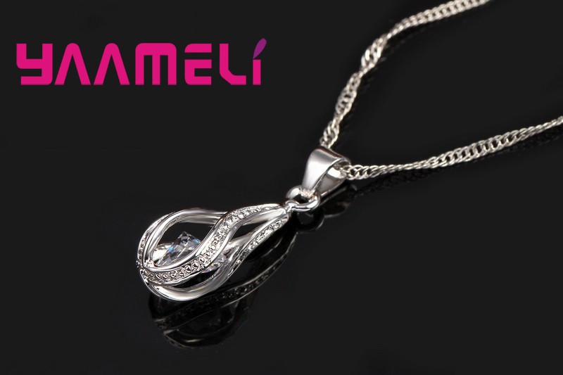 Water Drop CZ Sterling Silver Jewelry Set  Pendant Necklace & Hoop Earrings for Women