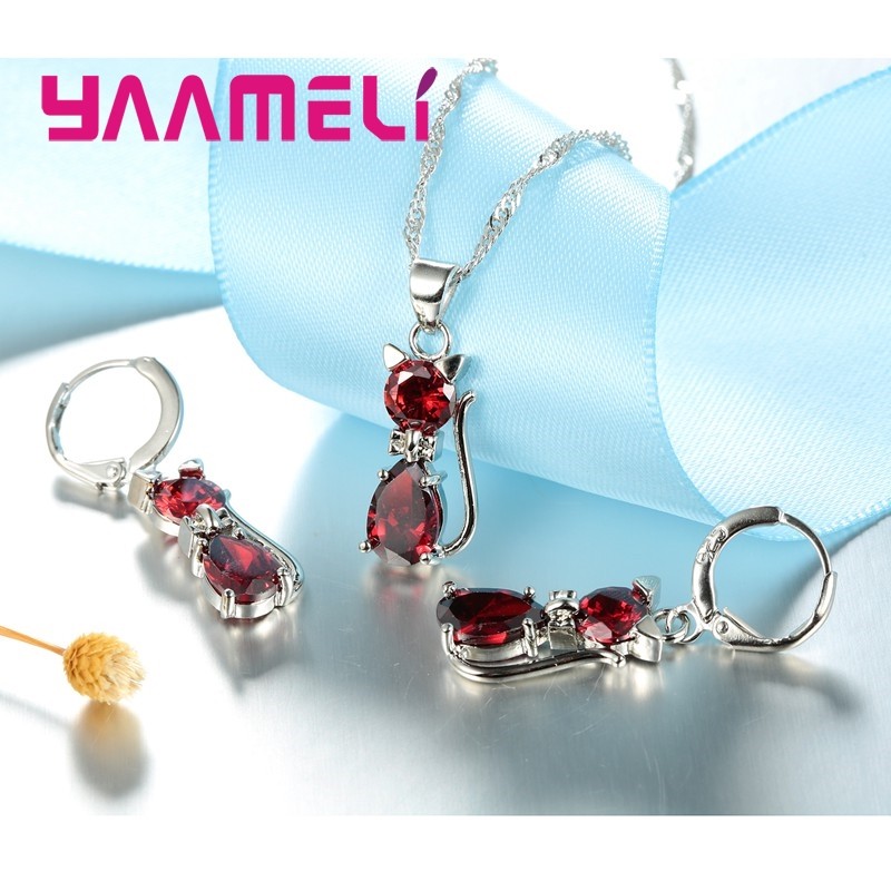 925 Sterling Silver Cat Jewelry Set  Austrian Crystal Necklace & Huggie Earrings for Women & Girls