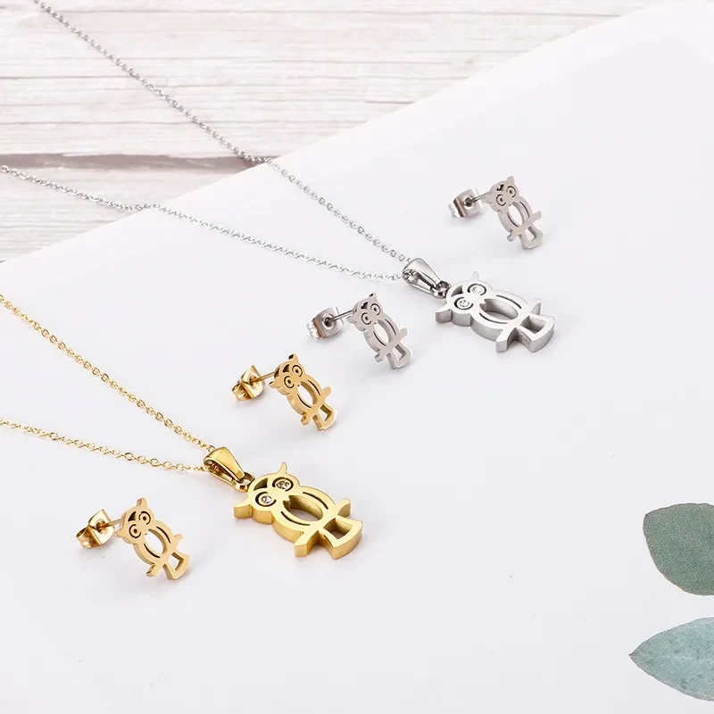 Owl Necklace & Stainless Steel Earring Set