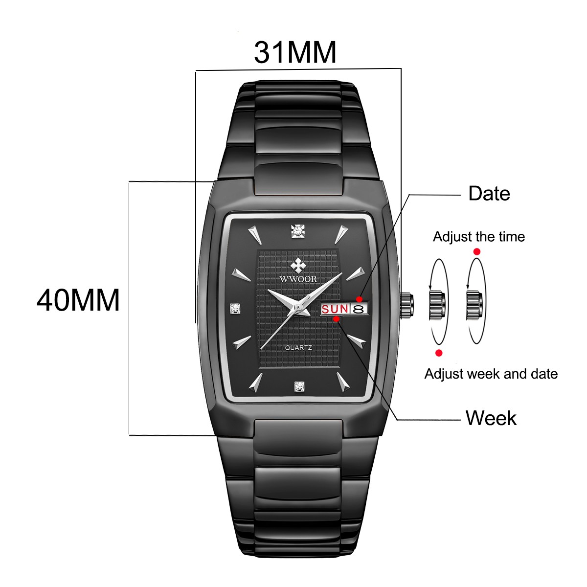 WWOOR 2024 Mens Square Watch  Luxury Gold Stainless Steel Quartz Wristwatch