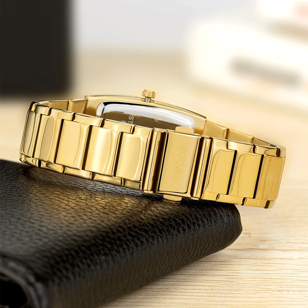 WWOOR 2024 Mens Square Watch  Luxury Gold Stainless Steel Quartz Wristwatch