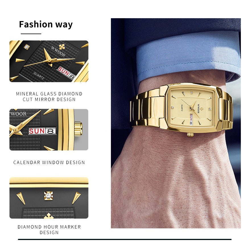 WWOOR 2024 Mens Square Watch  Luxury Gold Stainless Steel Quartz Wristwatch