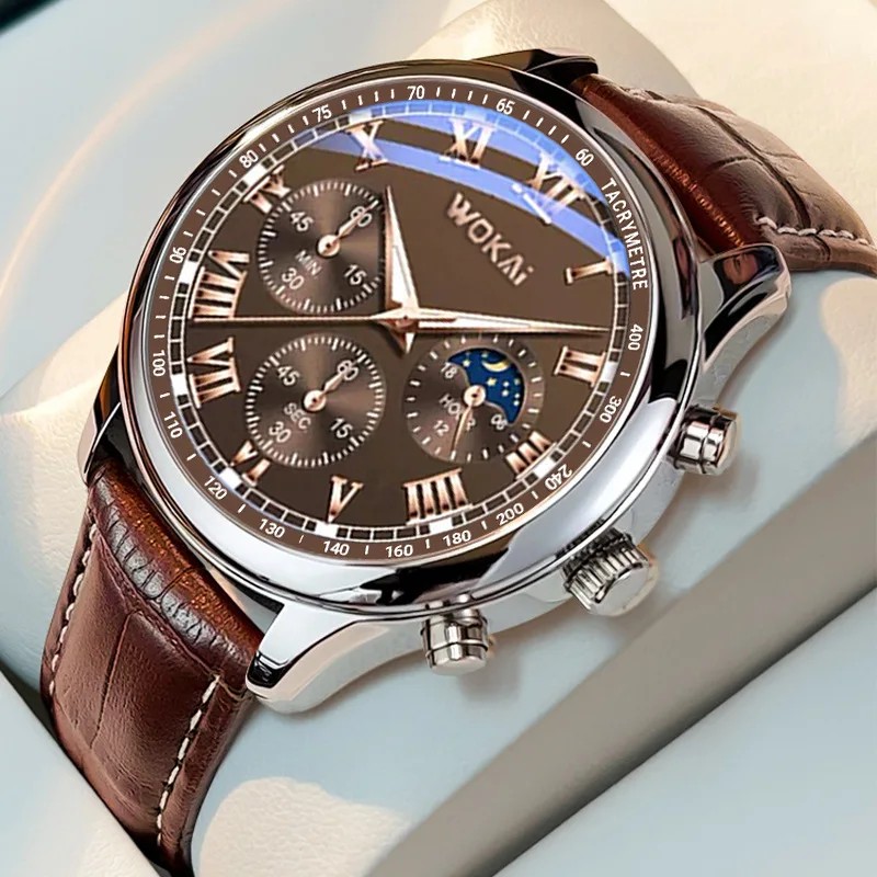 Business Mens Watch  Faux Three-Eye Roman Numeral Dial with Leather Strap