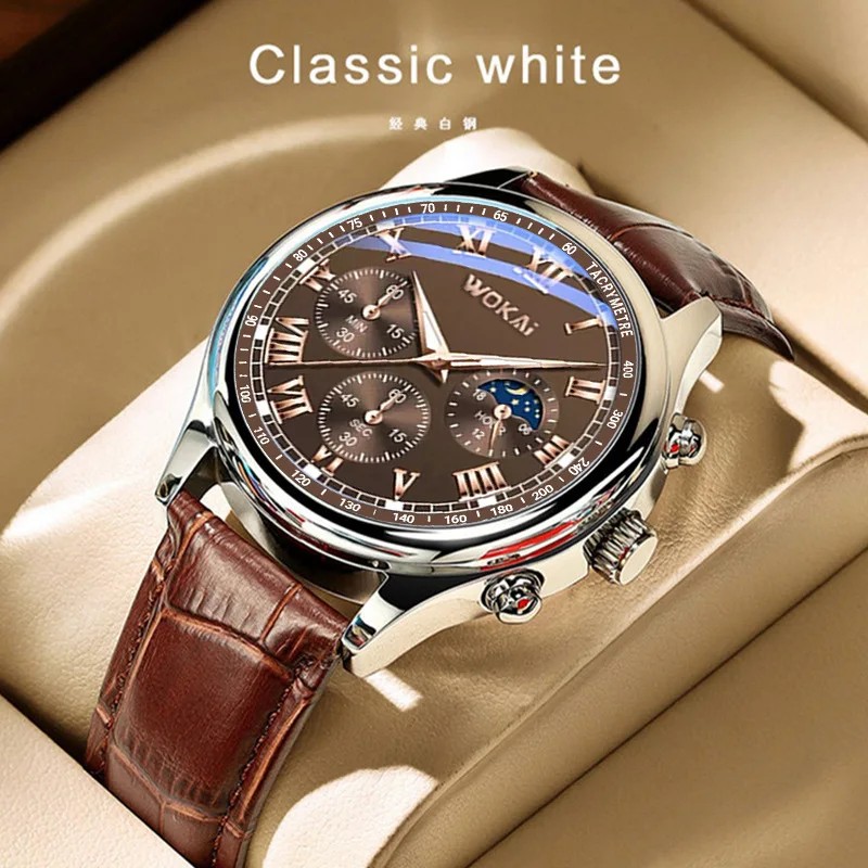 Business Mens Watch  Faux Three-Eye Roman Numeral Dial with Leather Strap
