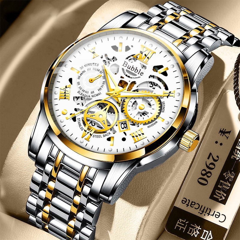 UTHAI Men's Luxury Quartz Watch  Versatile Waterproof Roman Hollow Dial