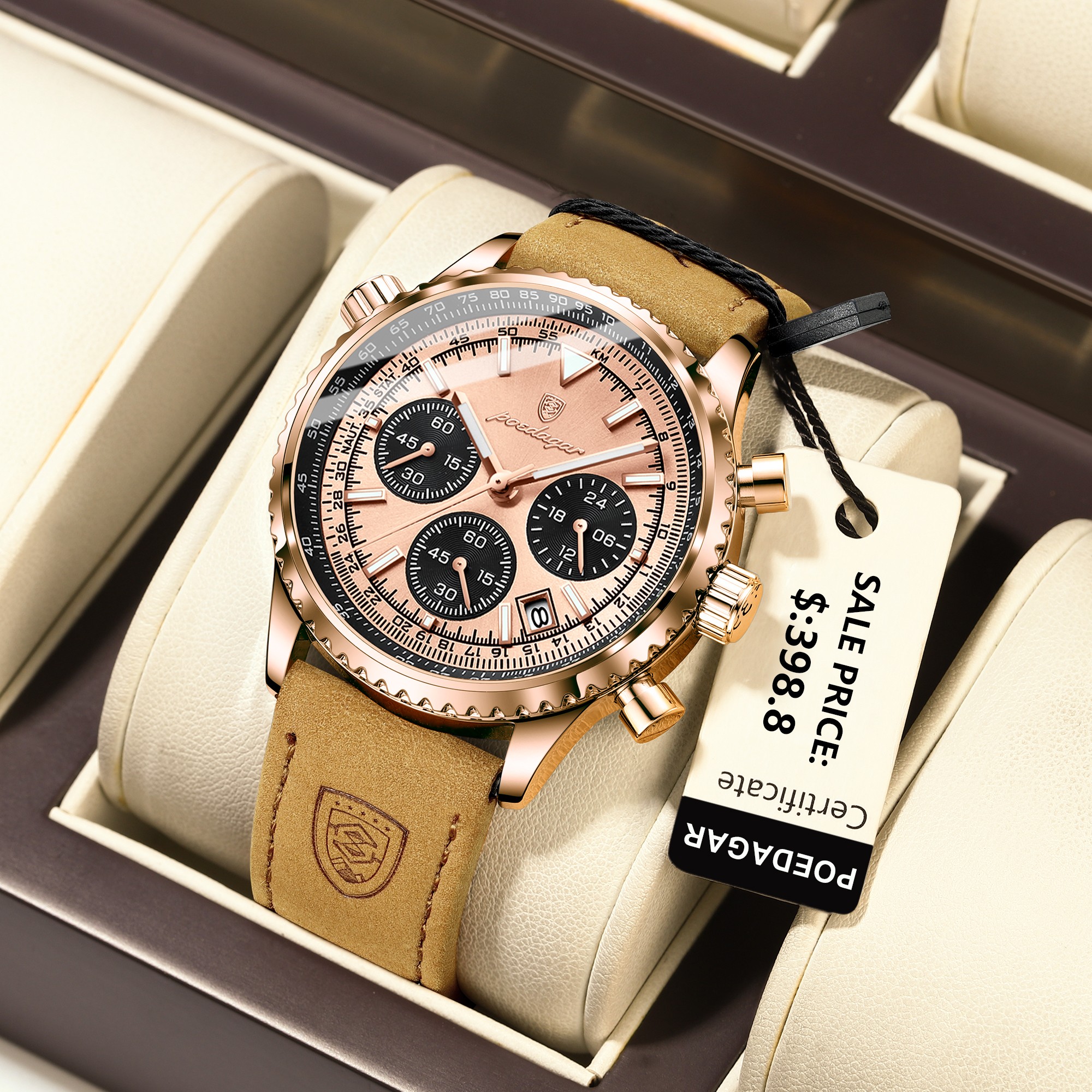 POEDAGAR Luxury Mens Quartz Watch  Waterproof Luminous Chronograph with Date & Leather Strap