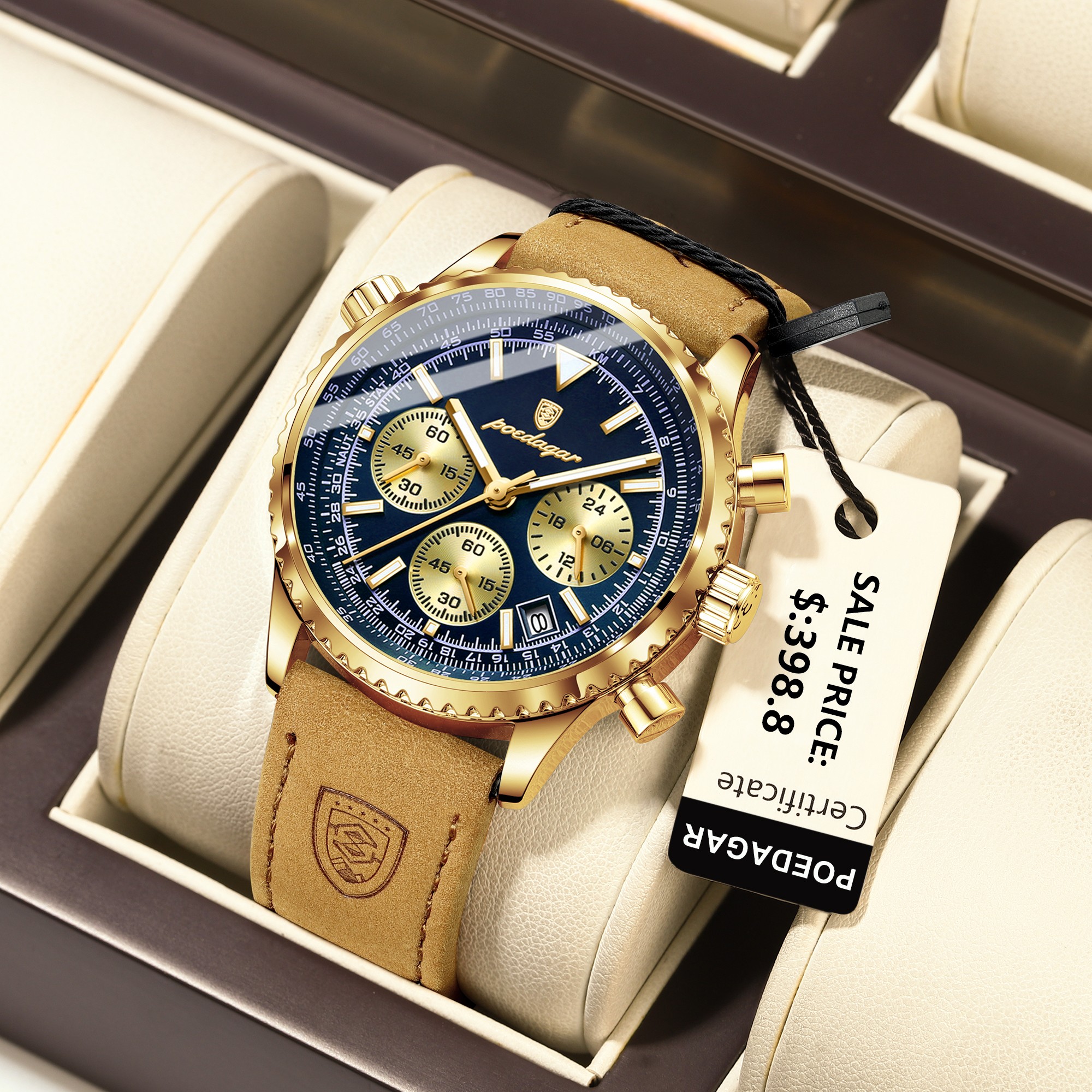 POEDAGAR Luxury Mens Quartz Watch  Waterproof Luminous Chronograph with Date & Leather Strap