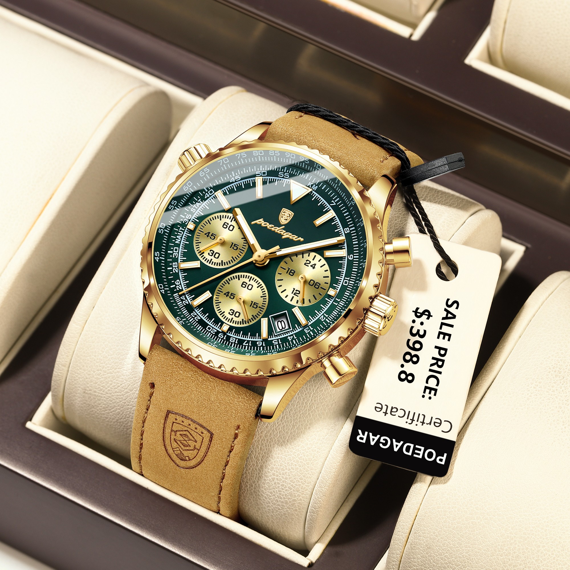 POEDAGAR Luxury Mens Quartz Watch  Waterproof Luminous Chronograph with Date & Leather Strap