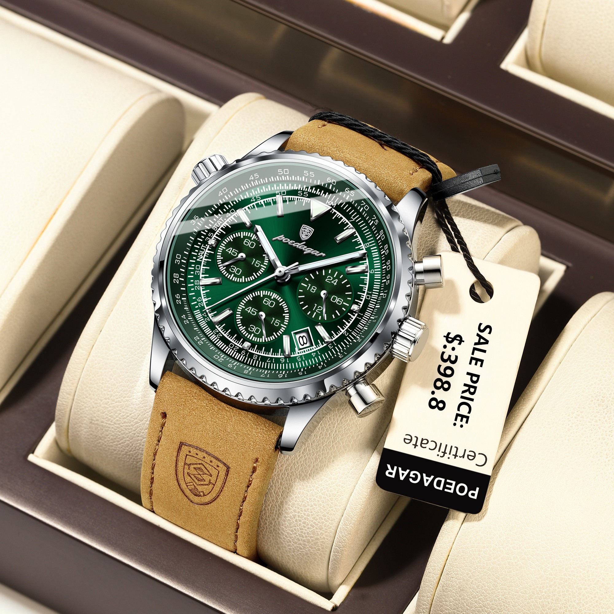 POEDAGAR Luxury Mens Quartz Watch  Waterproof Luminous Chronograph with Date & Leather Strap