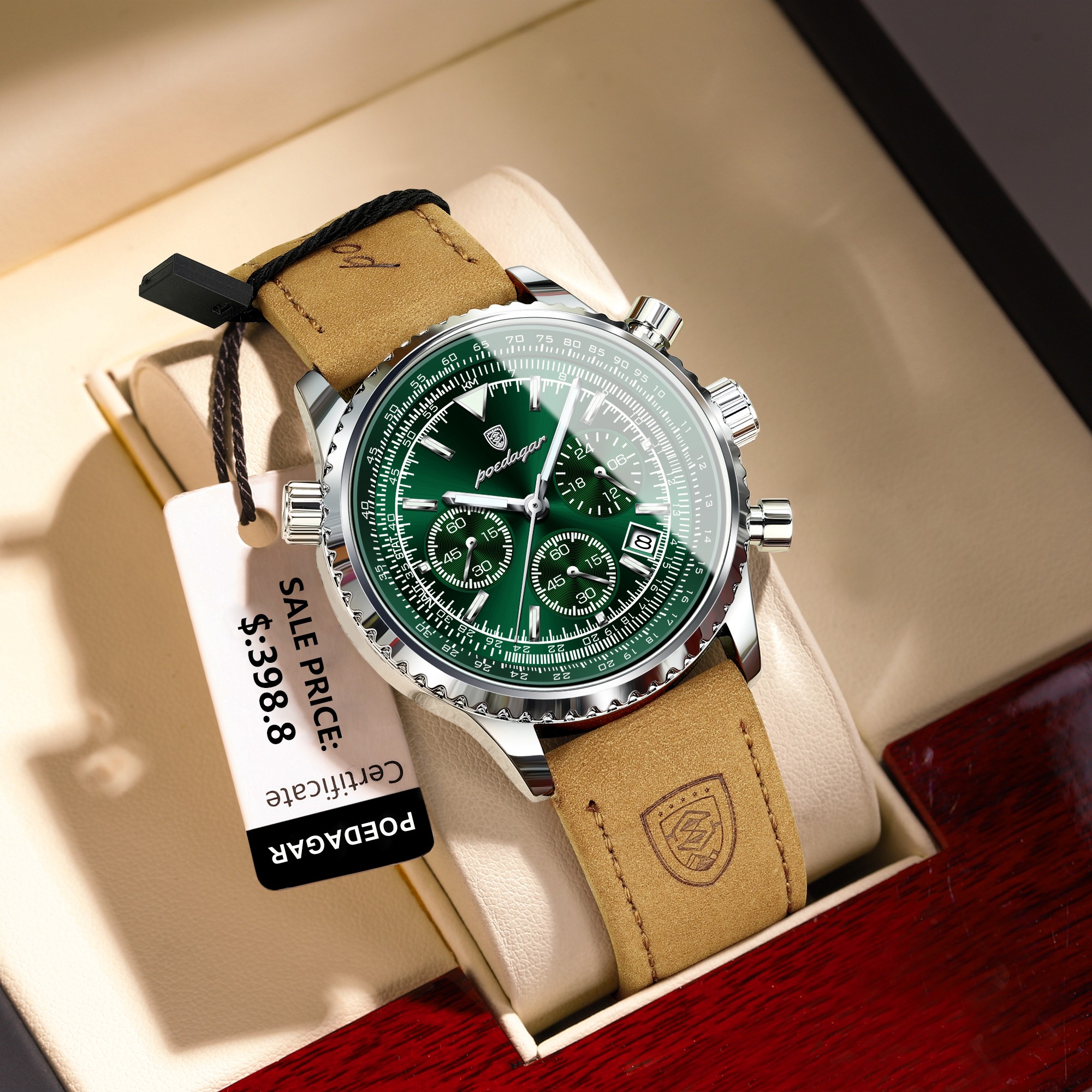 POEDAGAR Luxury Mens Quartz Watch  Waterproof Luminous Chronograph with Date & Leather Strap