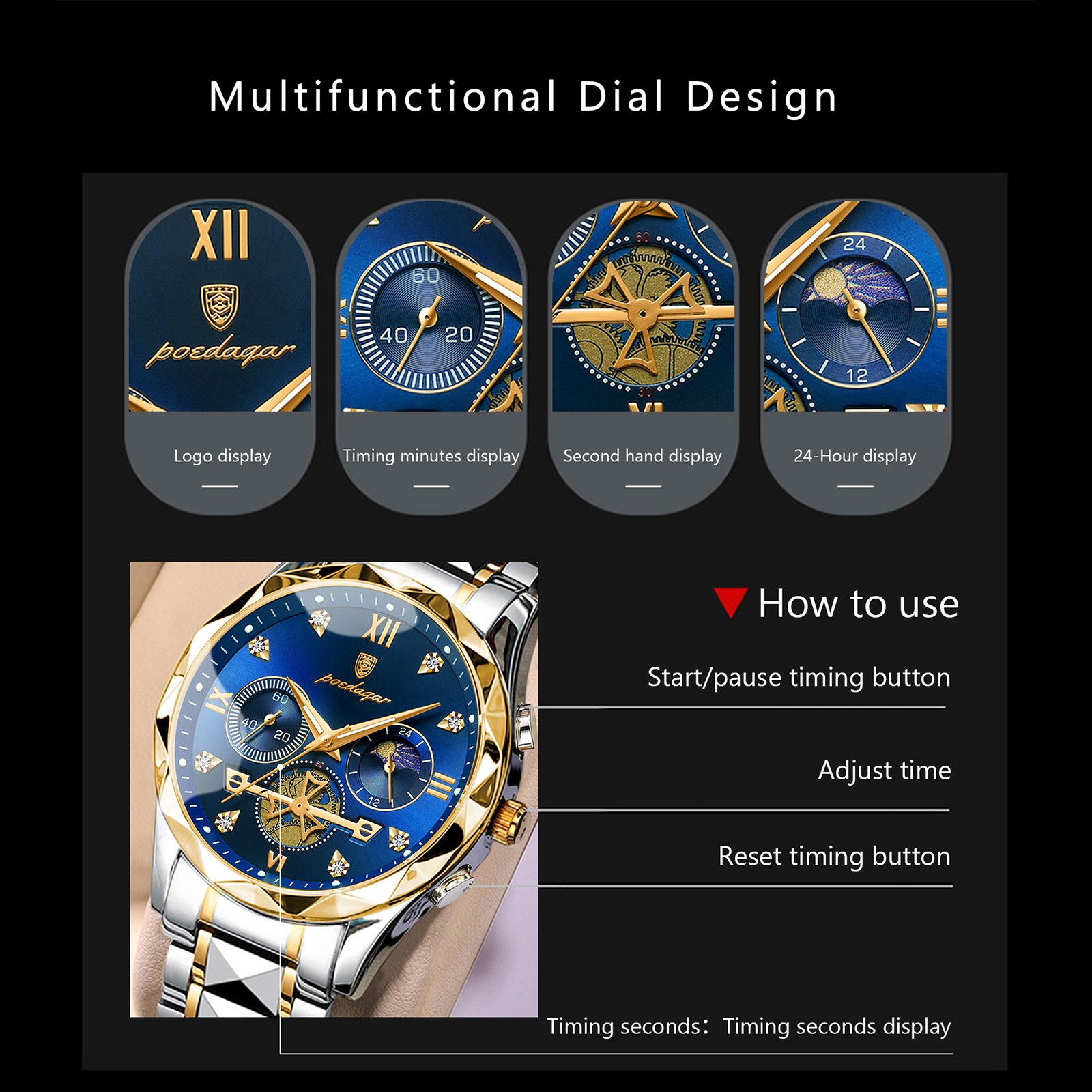 POEDAGAR Luxury Mens Quartz Chronograph Watch