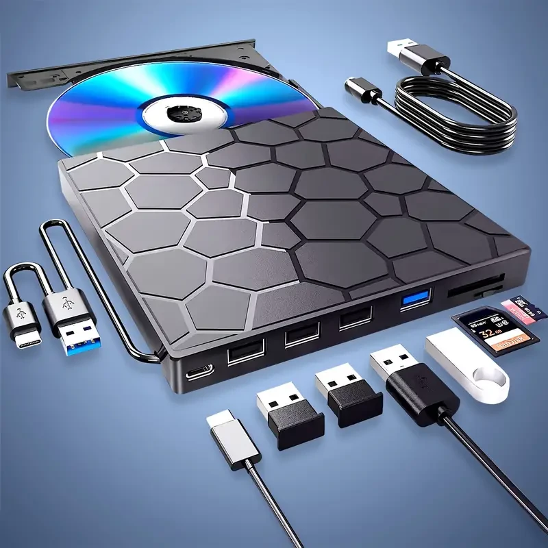 8-in-1 Ultra-Slim Portable External CD/DVD Drive - High-Speed USB 3.0 DVD Player and CD Burner for Laptop and Desktop