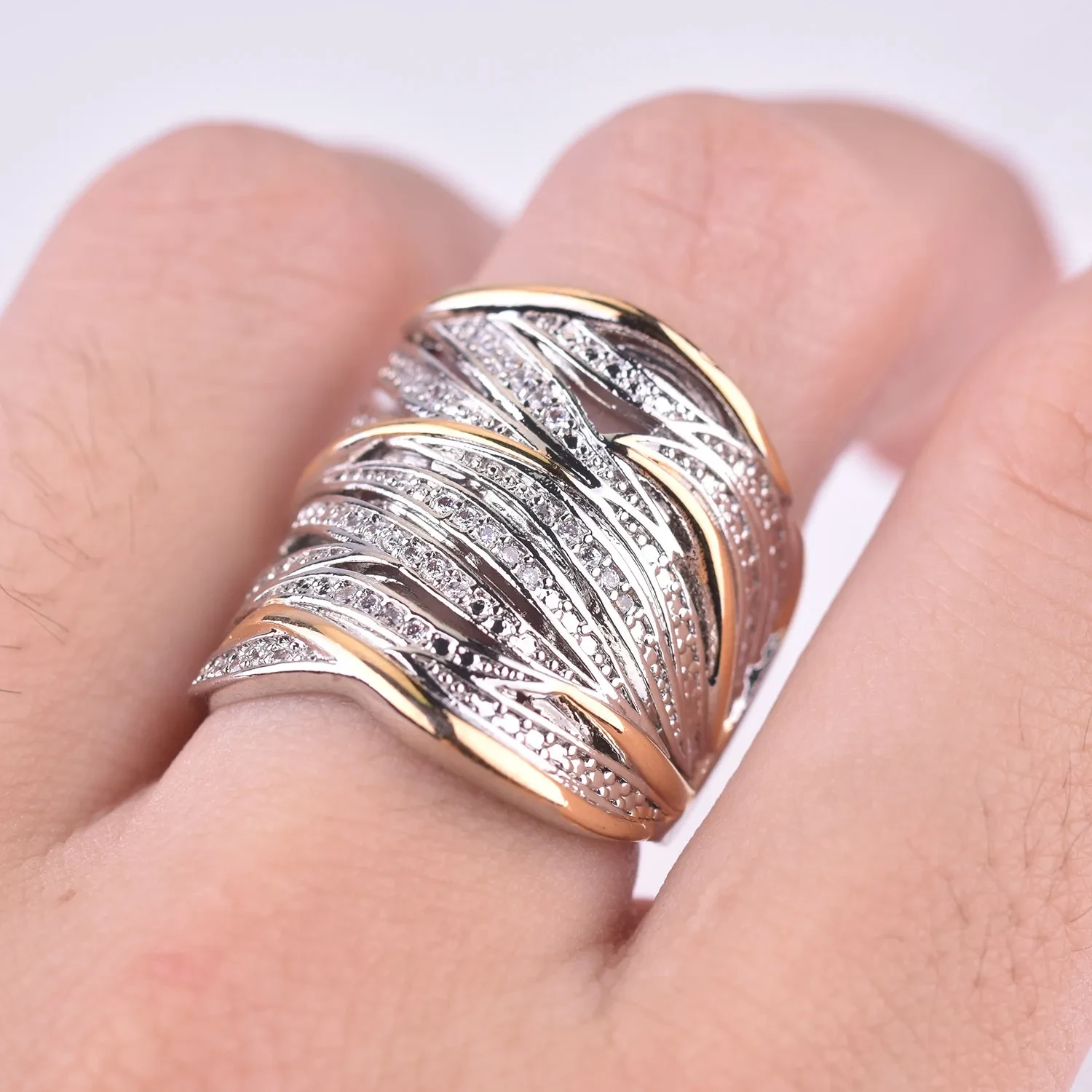 Full Rhinestone Zircon Winding Multi-layer Gold Two-tone Ring