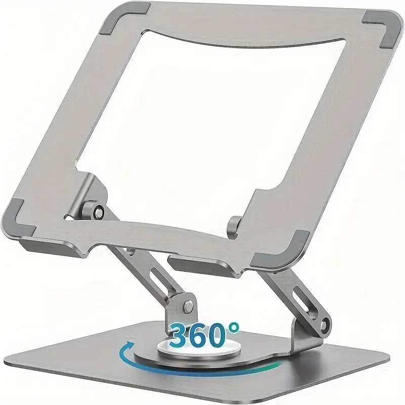 Ergonomic Stainless Steel Laptop Stand with 360 Rotating Base, Adjustable Height & Multi-Angle Folding Design - Fits 25.4-39.62cm Notebooks - Silvery Gray