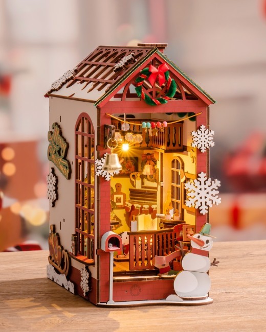 ROBOTIME DIY Christmas Dollhouse Wood Kit Book Nook BookShelf Decoration Gift, LED Lights TGC07