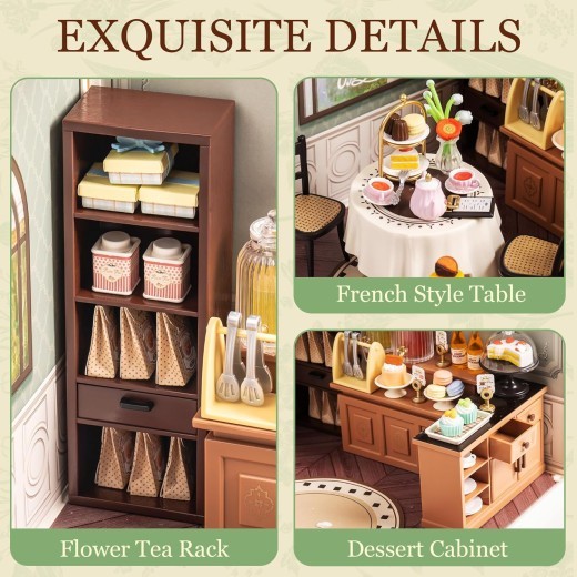 ROBOTIME DIY Miniature House Kit, Tea House Dollhouse Model Building Craft Kit With LED For Adults And Kids, Birthday Gift DW011