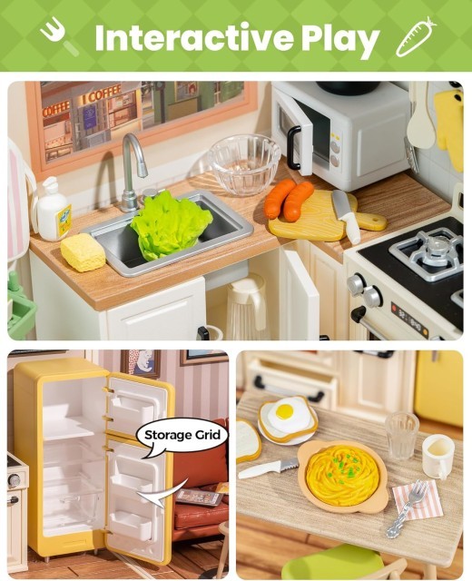 ROBOTIME Rolife Happy Meals Kitchen Miniature House Kits Super World Dolls House Model Kits With Furniture And Accessories Christmas Dollhouse For Girls Craft Kits For Adults DW008