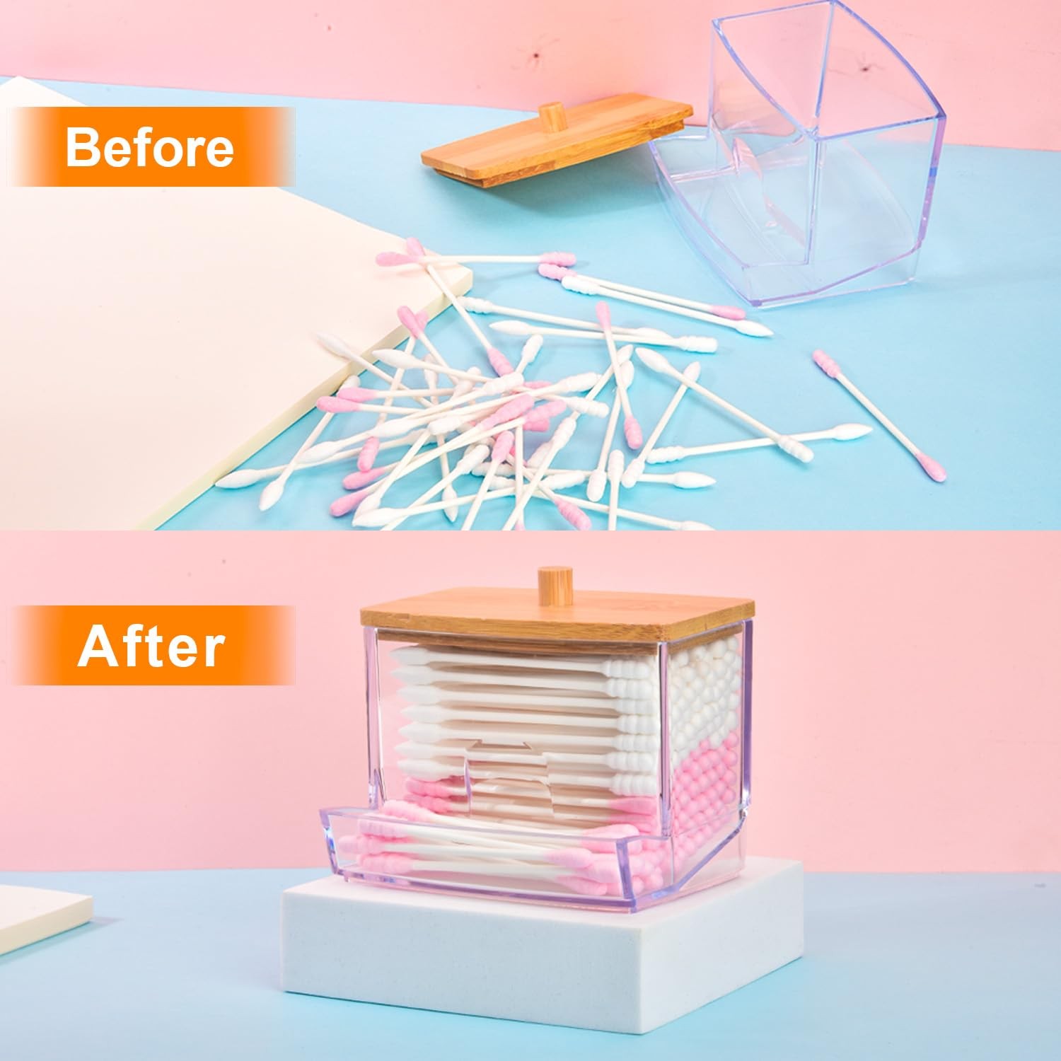 Cotton Swab Holder  Clear Plastic Dispenser with Bamboo Lid