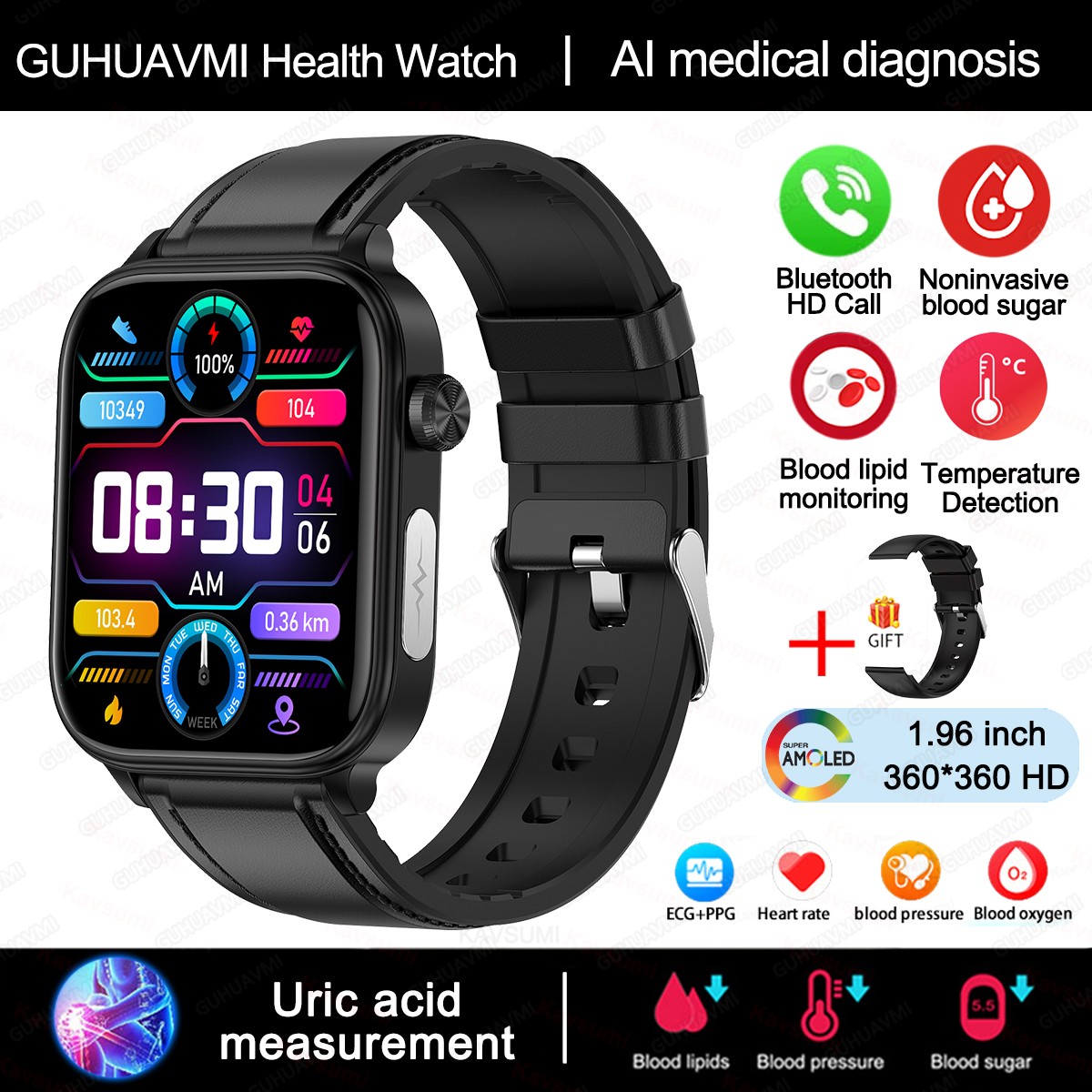 2024 AI Medical Diagnosis Smart Watch  Blood Lipids, Uric Acid, Blood Glucose Monitoring with ECG+PPG, Bluetooth Calls, and Health Tracking