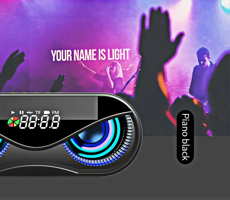 Colorful lights, dual speakers, digital buttons,