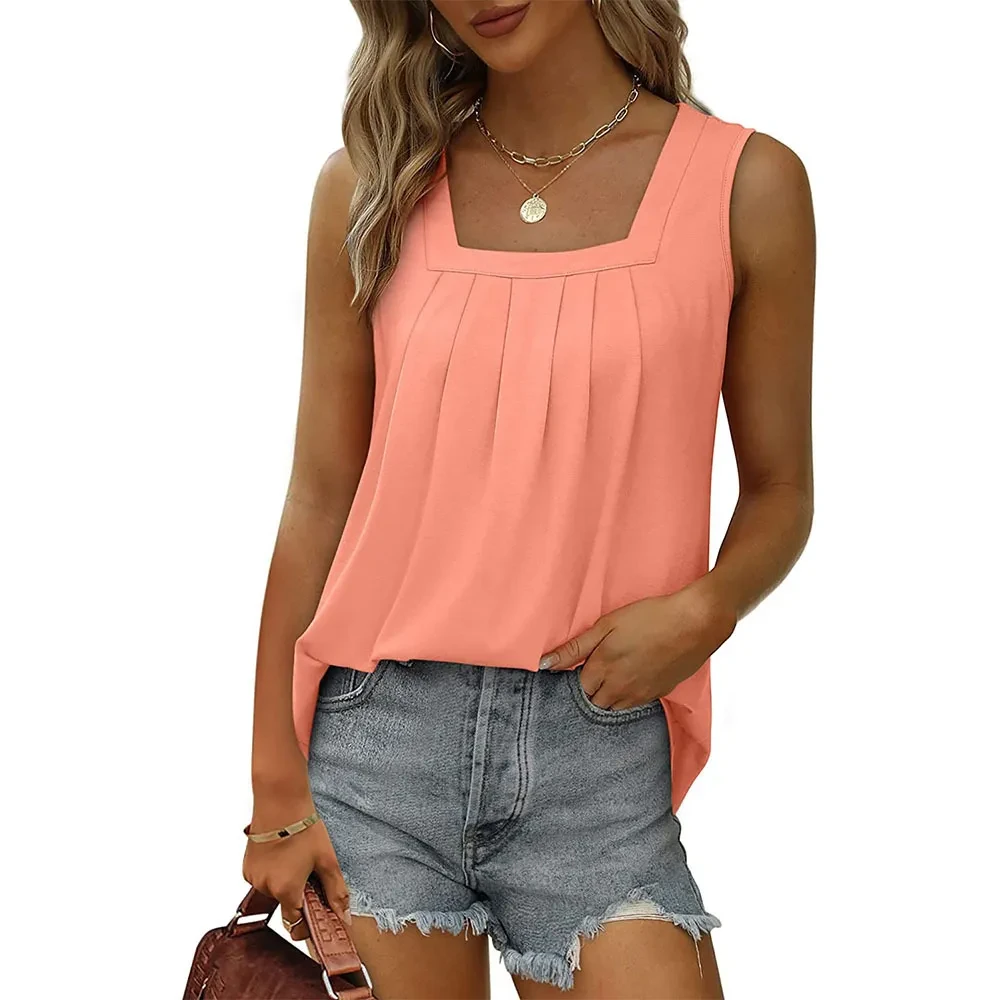 Summer Tank Tops For Women Loose Fit Pleated Square Neck Sleeveless Tops Vest T-shirt