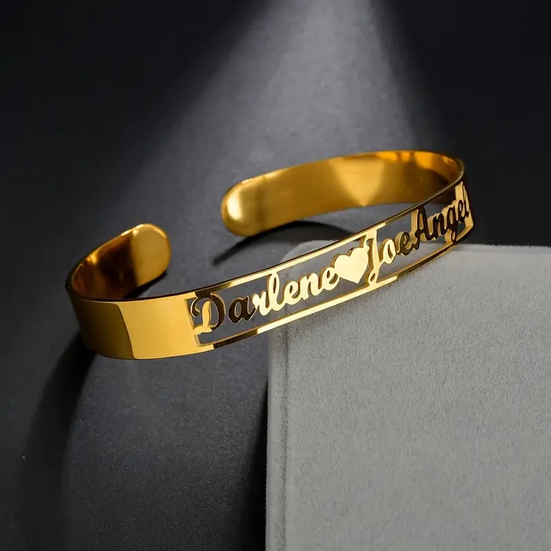 DIY Customized Double Name Open Bangle Cuff Bracelet Valentine's Day Gift