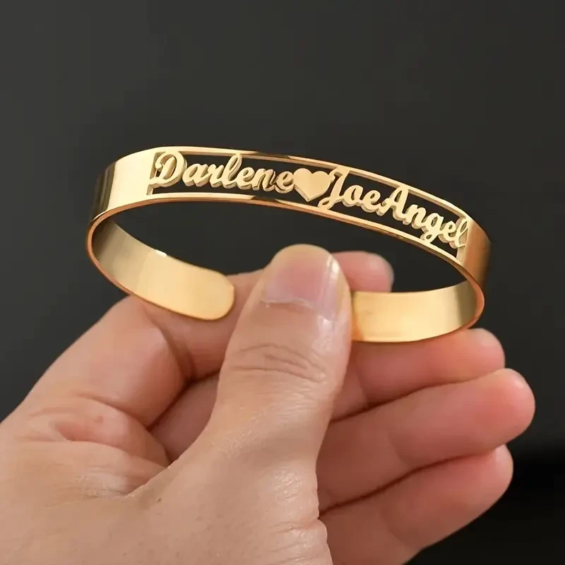 DIY Customized Double Name Open Bangle Cuff Bracelet Valentine's Day Gift