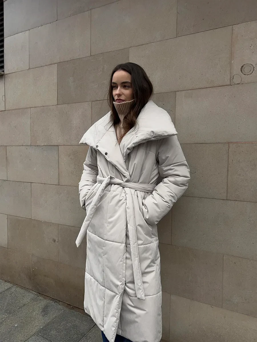 Fashion Large Lapel Long Coat Winter Warm Cotton Jacket With Pockets And Lace-up Design Casual Solid Color Thick Coat For Women Outwear Clothing