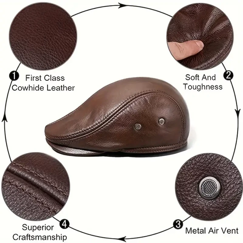 Men's Genuine Cowhide Leather Newsboy Cap