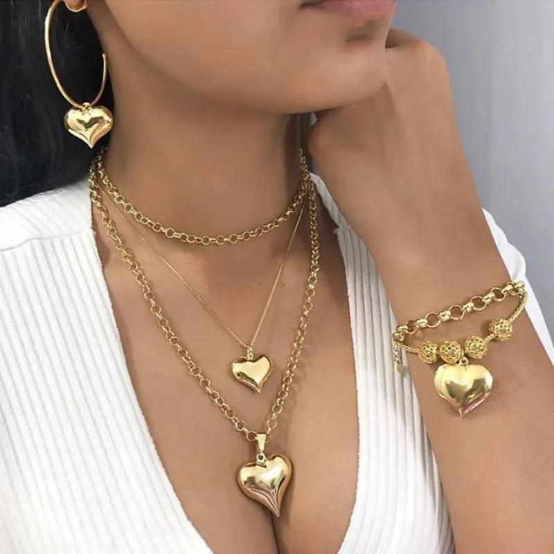 Vintage MultiLayer Heart Pendants Necklaces For Women Gold Geometric Punk Necklace New Design Wedding Jewelry Girlfriend Gifts
