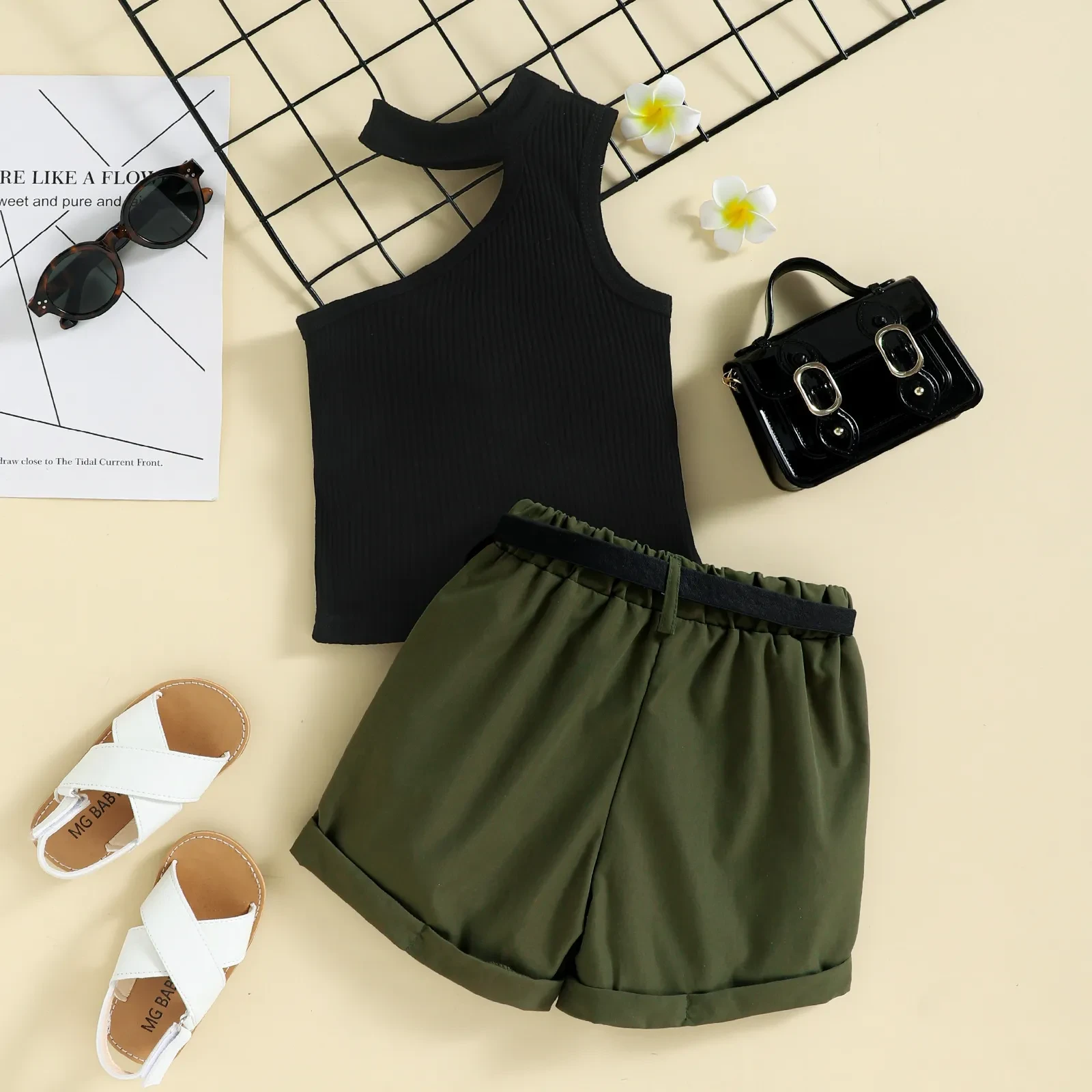 Summer Girl Ins Shoulder Halter Sunken Stripe Top Shorts Suit