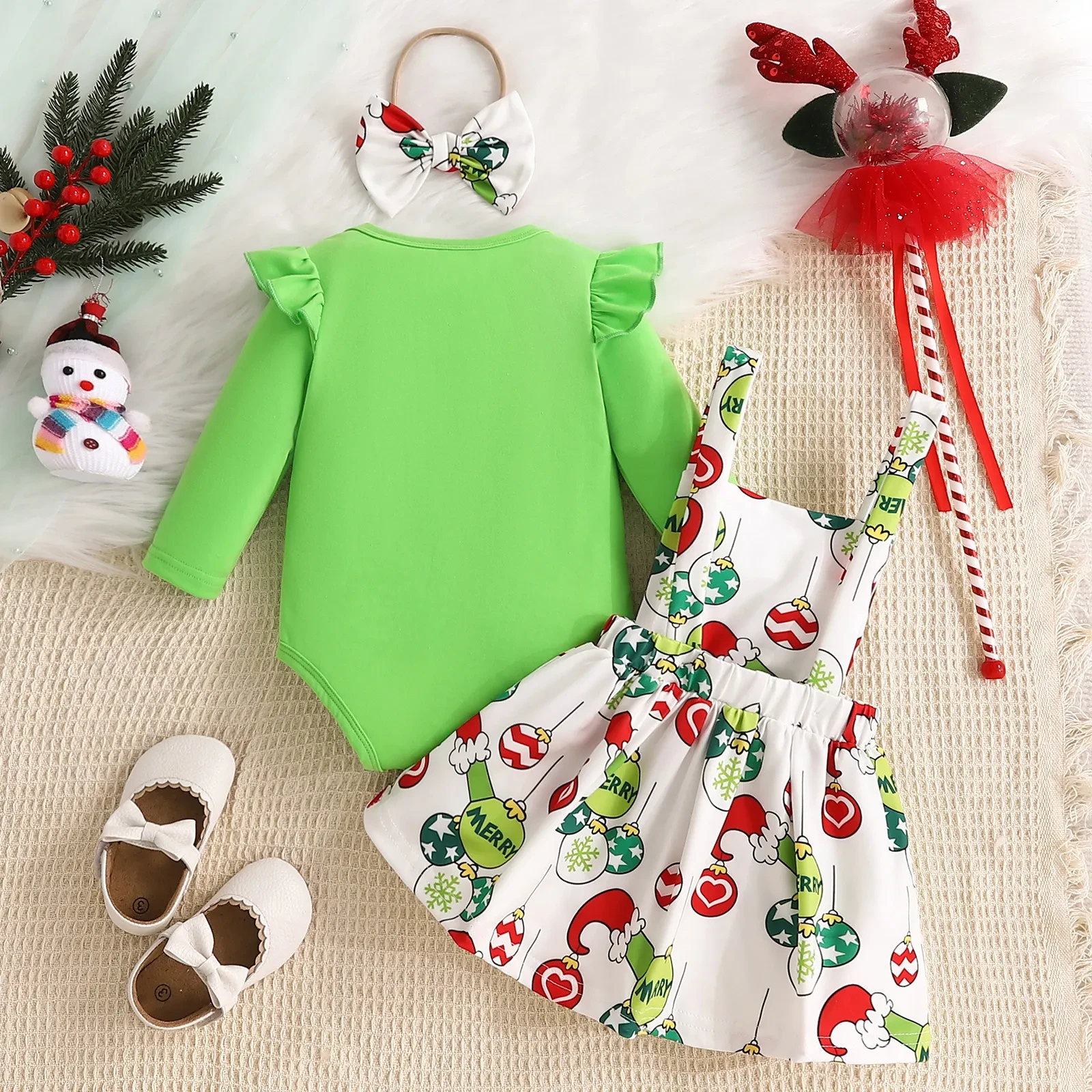 Baby Girl's New Green Fur Strange Printed Skirt Suit