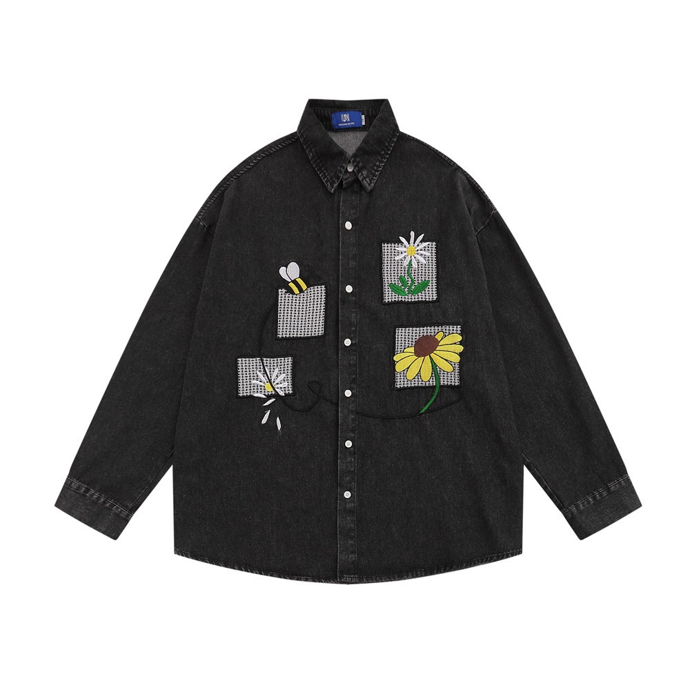 Floral Embroidery Denim Washed Long Sleeve Shirt Coat Loose Casual Polo Collar Top