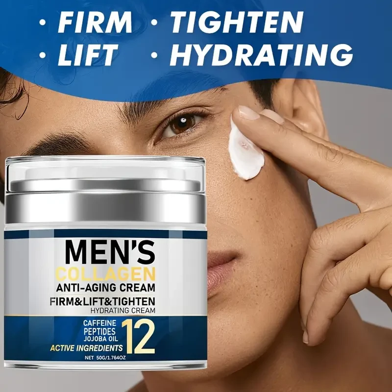 Men's Collagen Anti-Aging Face Cream 1.764oz - Unscented Firming & Tightening Moisturizer with Hyaluronic Acid, Jojoba, Shea Butter, Caffeine, Vitamin E - Hydrates Dry Skin, Lifts & Smoothens - Suitable for All Skin Types, Day & Night Facial Cream
