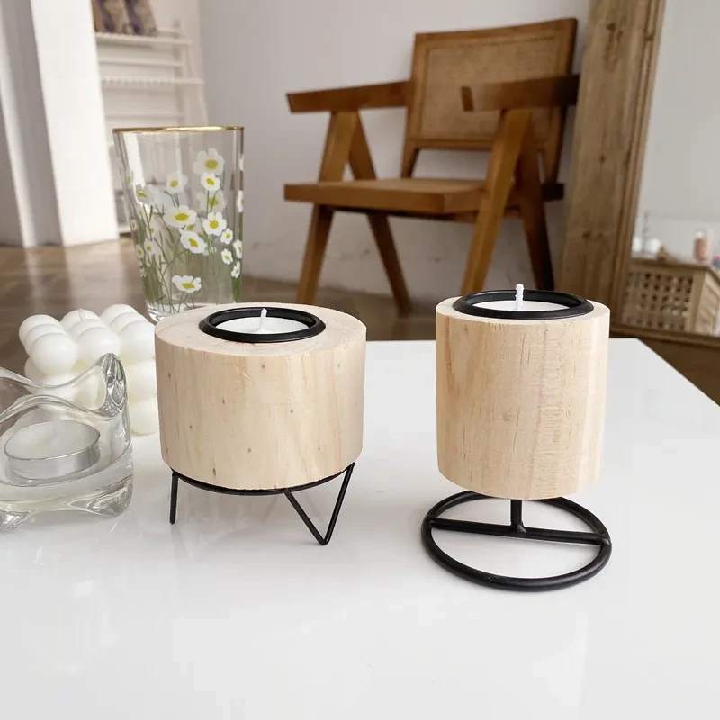 Retro Wooden Wrought Iron Candle Holder Home Accessories Ornaments