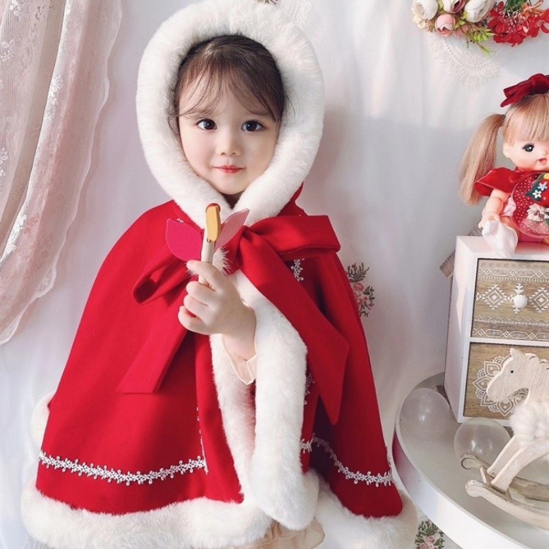 Thickened Kids' Overcoat Fleece-lined Shawl Fur Collar Christmas Cape